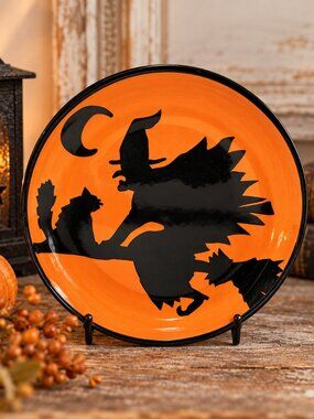 Omniware Halloween Silhouette Dessert Plate - Witch on Broom, Cat, Moon